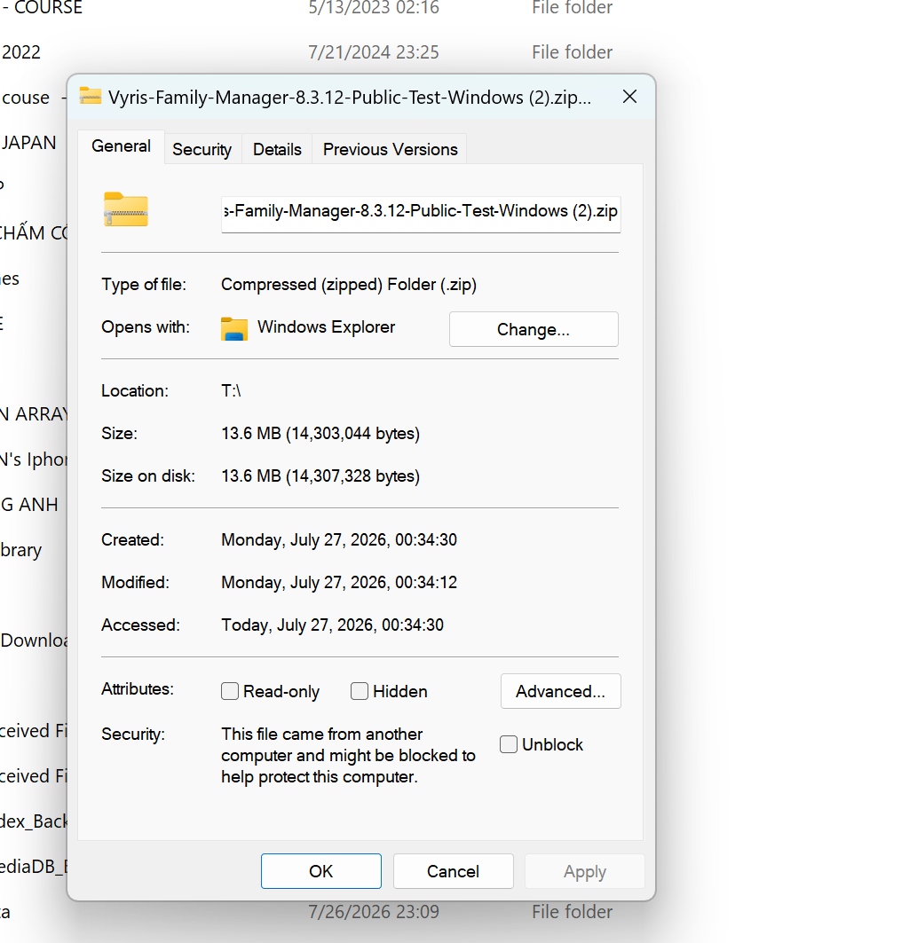 Vị trí ô Unblock trong Properties của file ZIP